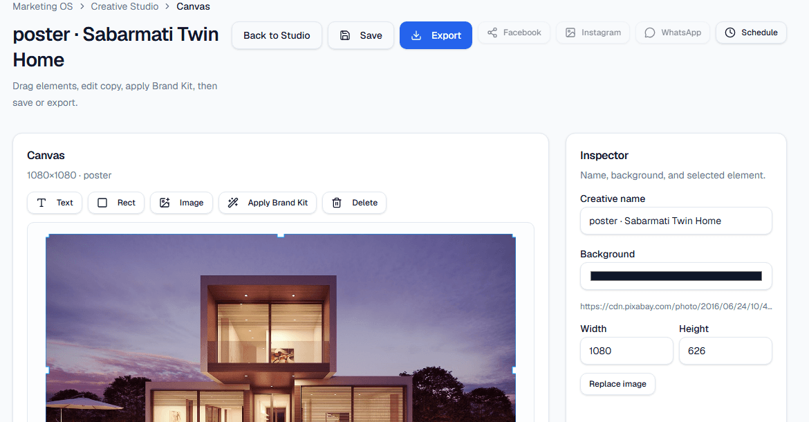 RealVexa Creative Studio canvas editor showing a branded property poster with Apply Brand Kit, Export, and direct Facebook, Instagram, and WhatsApp sharing