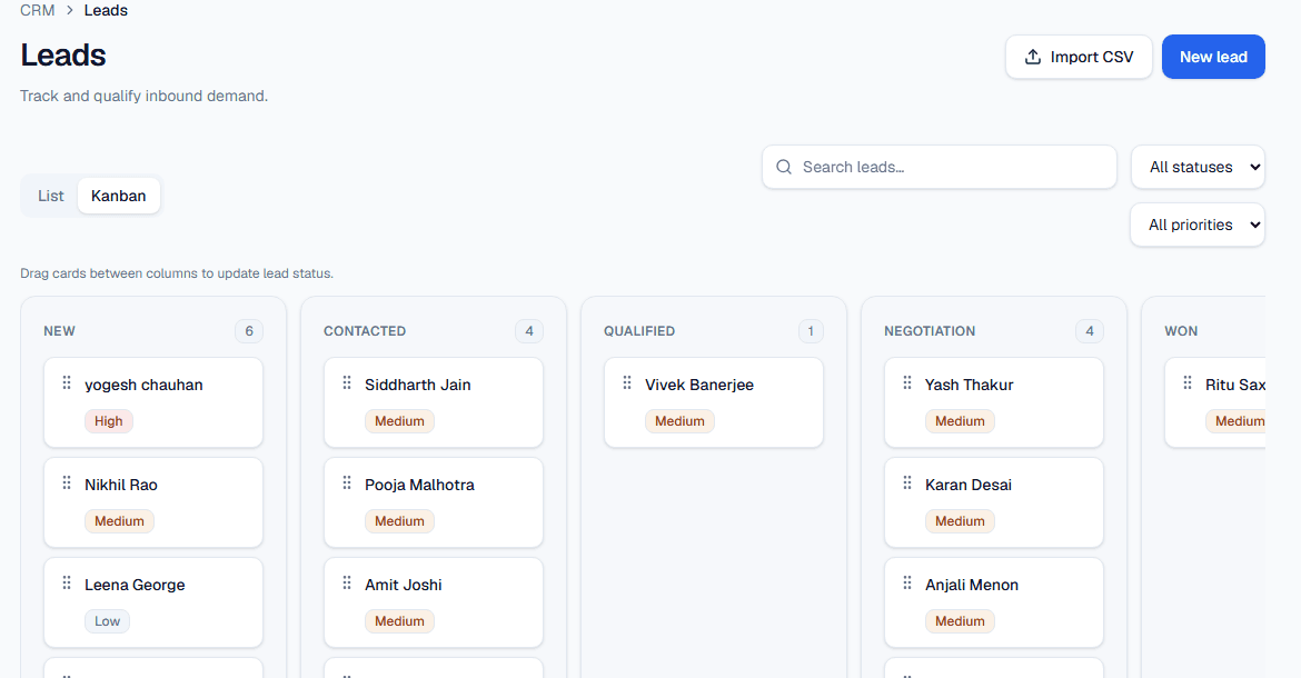 RealVexa Kanban board showing every lead owned, staged, and visible to the whole team