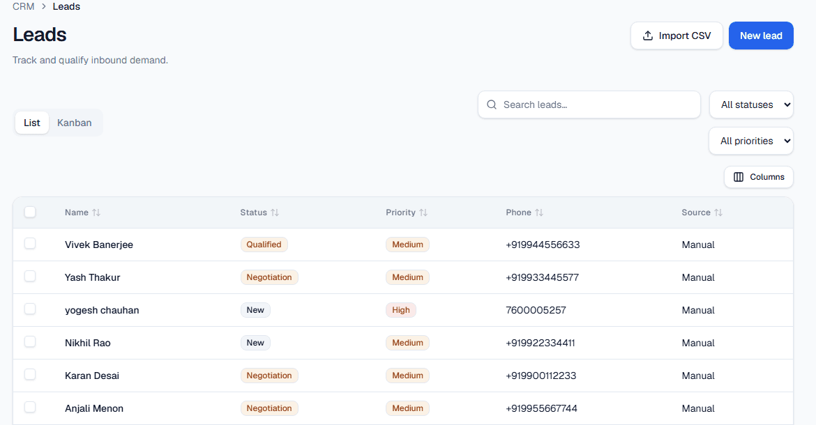 RealVexa leads list with status, priority, phone, and source columns